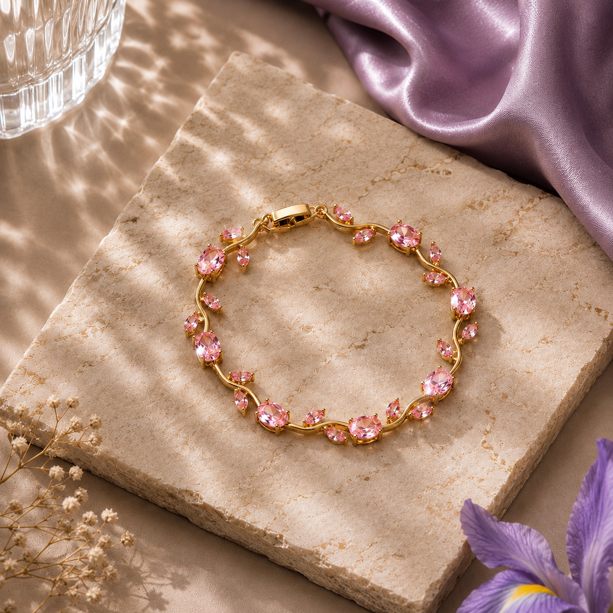 A gold chain bracelet adorned with pink faceted gemstones, styled on a beige stone slab with purple silk and dried flowers.