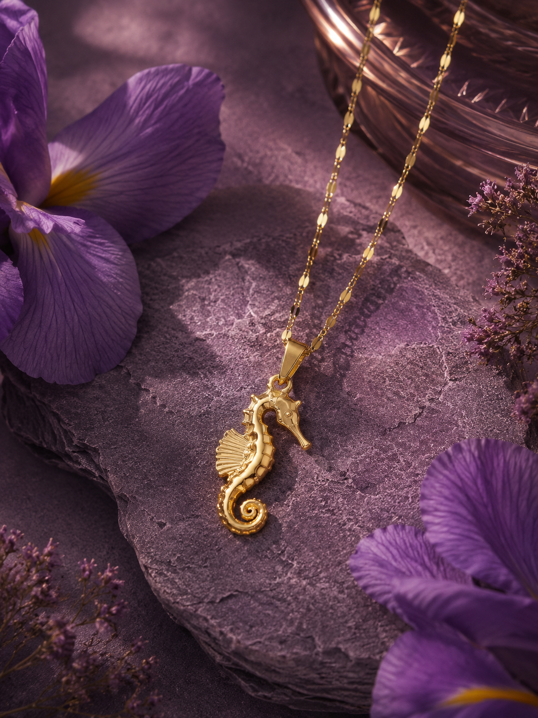 Gold seahorse pendant necklace displayed on a textured stone surface with purple iris flowers.