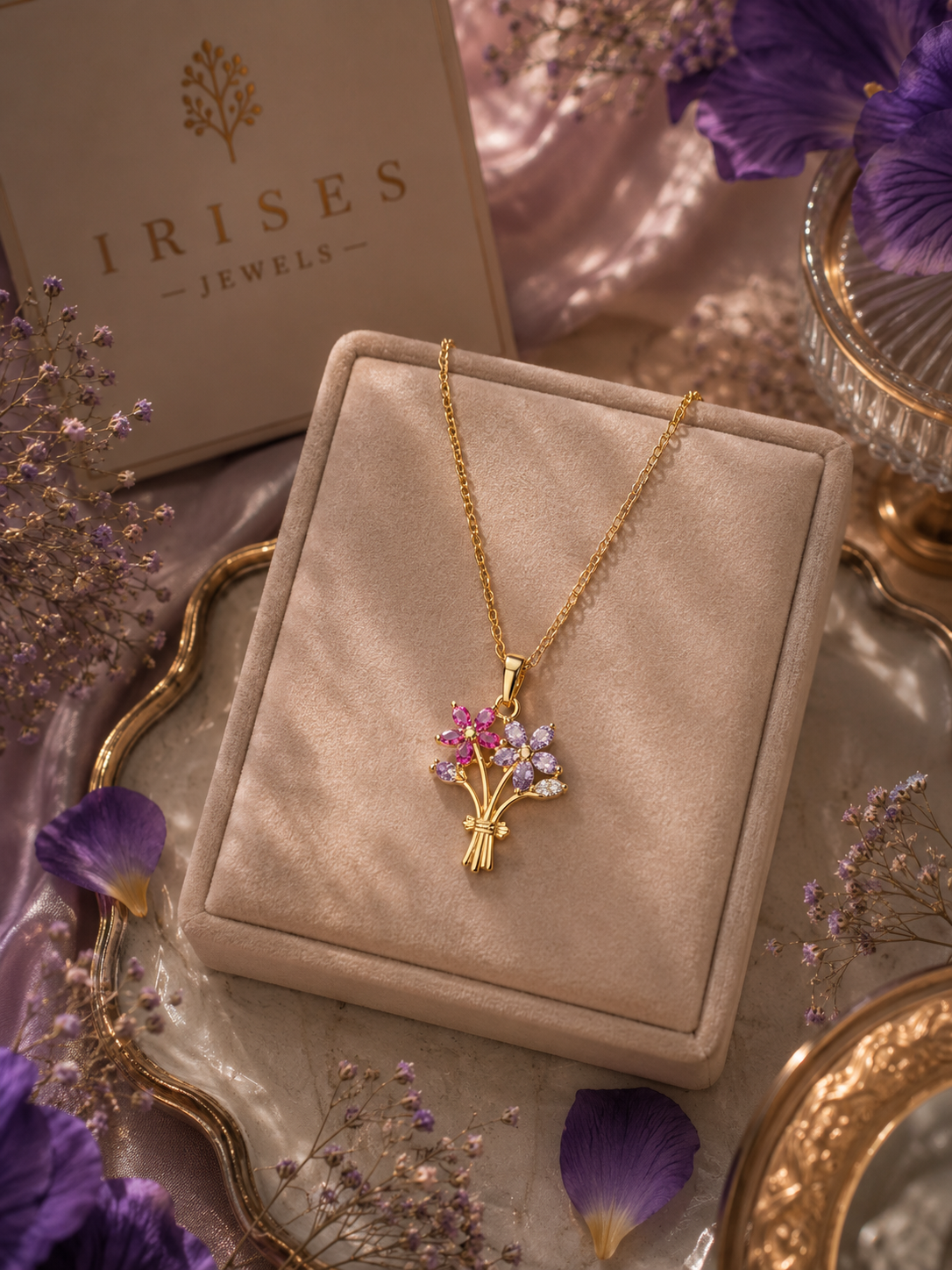 A gold necklace with a floral bouquet pendant featuring pink and white gemstones, displayed on a beige velvet jewelry box. The background is styled with dried purple flowers, a gold tray, and a beige brand box for 'IRISES JEWELS'.