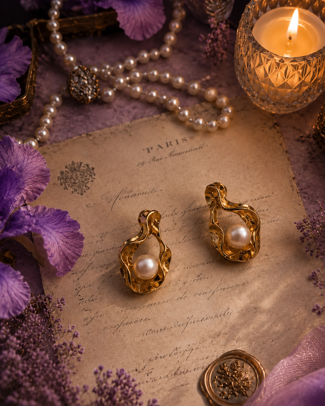 A pair of gold earrings with large white pearls, styled on an antique-style letter on parchment paper with purple flowers, a pearl necklace, and a lit candle.