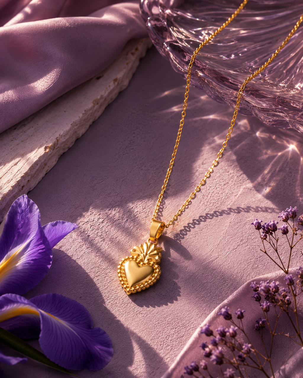 Gold heart pendant necklace displayed on a soft lavender backdrop with iris flowers and floral accents.