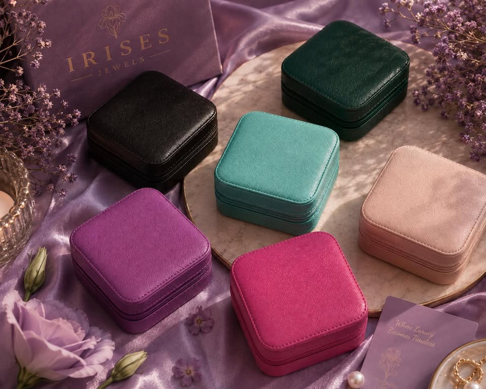 Six small square jewelry boxes in different colors—black, dark green, teal, pink, purple, and blush—are arranged on purple satin fabric with flowers and a branded Irises Jewels box in the background.