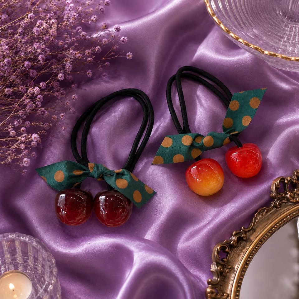 Two black elastic hair ties styled as cherry hair clips, featuring green polka-dot bows and glossy cherry charms, arranged on a purple satin fabric with dried flowers and decorative props.