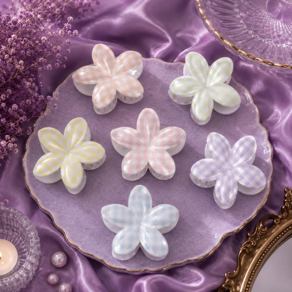 Pastel Gingham Flower Hair Claw Clip