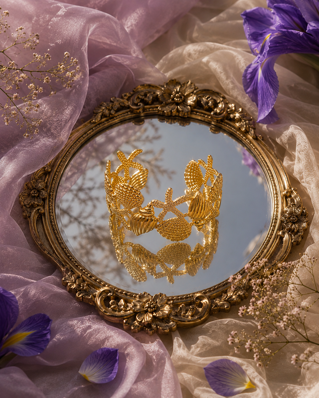 Gold ocean-themed charm bracelet with seashell and starfish details displayed on deep purple satin fabric.