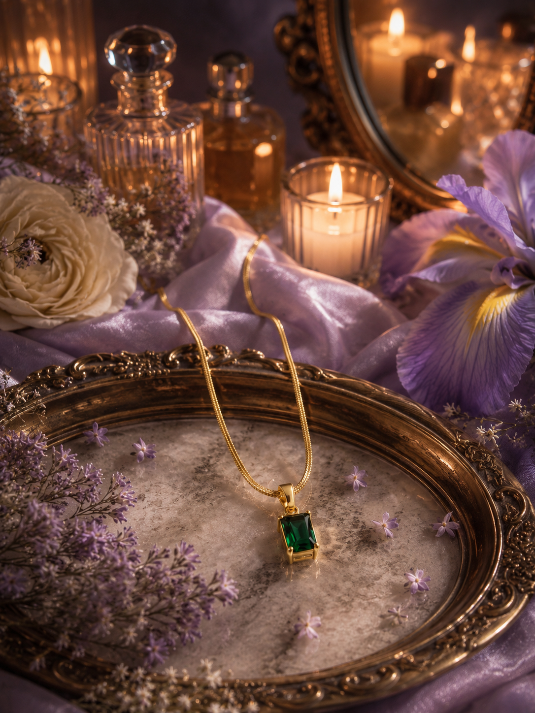 Emerald green pendant necklace with gold chain by Irises Jewels