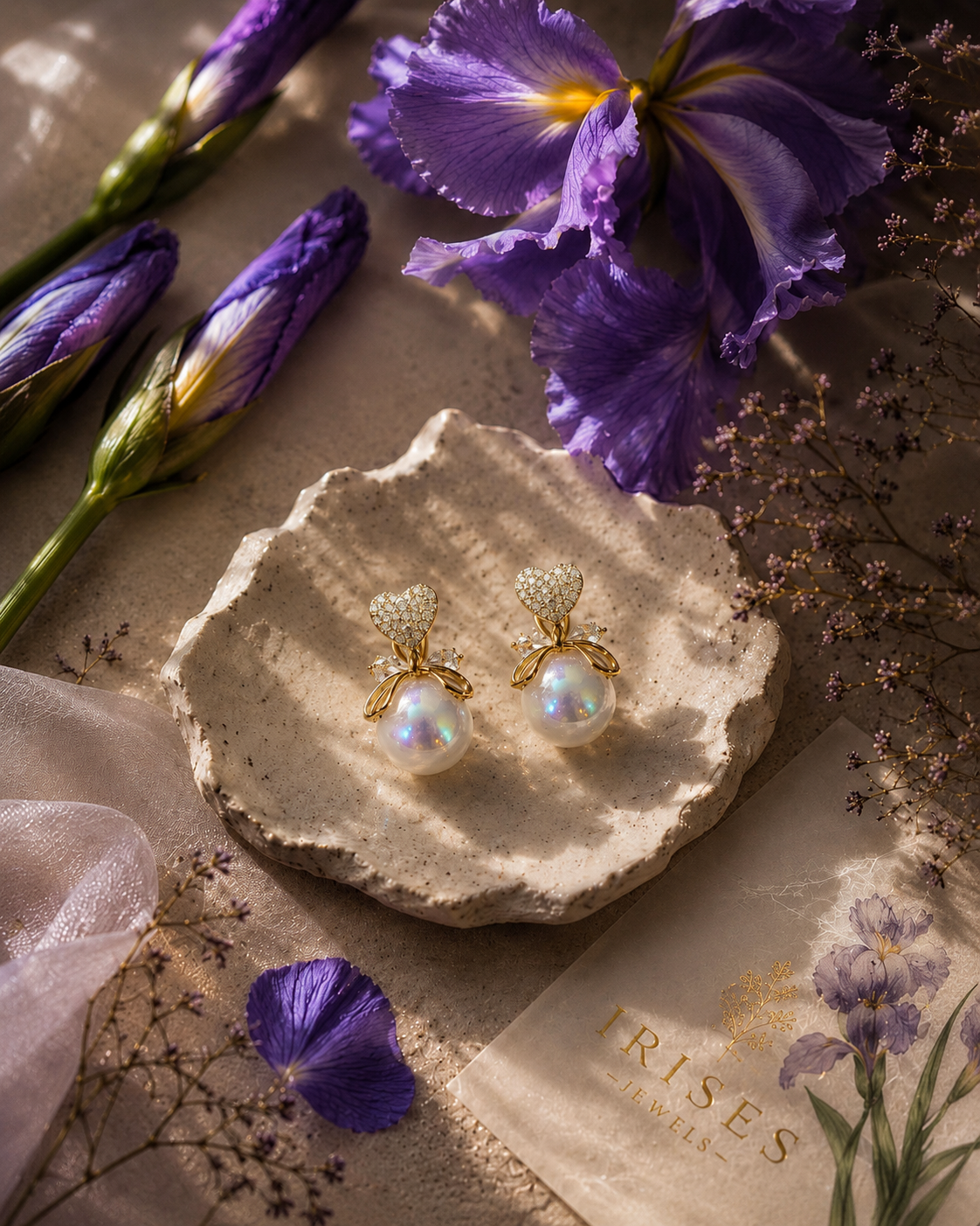 A pair of gold and pearl Heart Bloom Drop flower-shaped earrings displayed on a textured stone dish, surrounded by purple irises, dried flowers, and a branded card reading 'IRISES FLOWERS'.