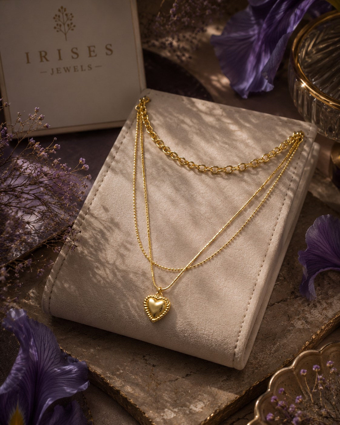 Amour Layered Heart Pendant Necklace featuring a delicate gold-tone chain, textured link layer and elegant heart pendant.