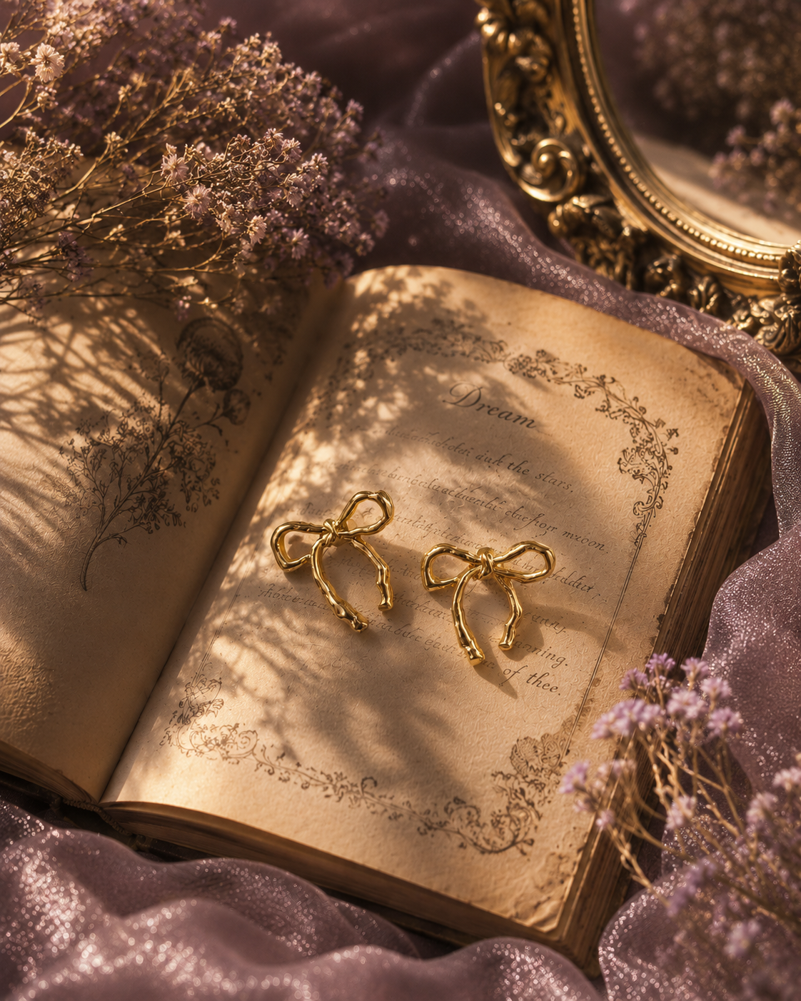 Elegant gold bow earrings displayed on a vintage book by Irises Jewels