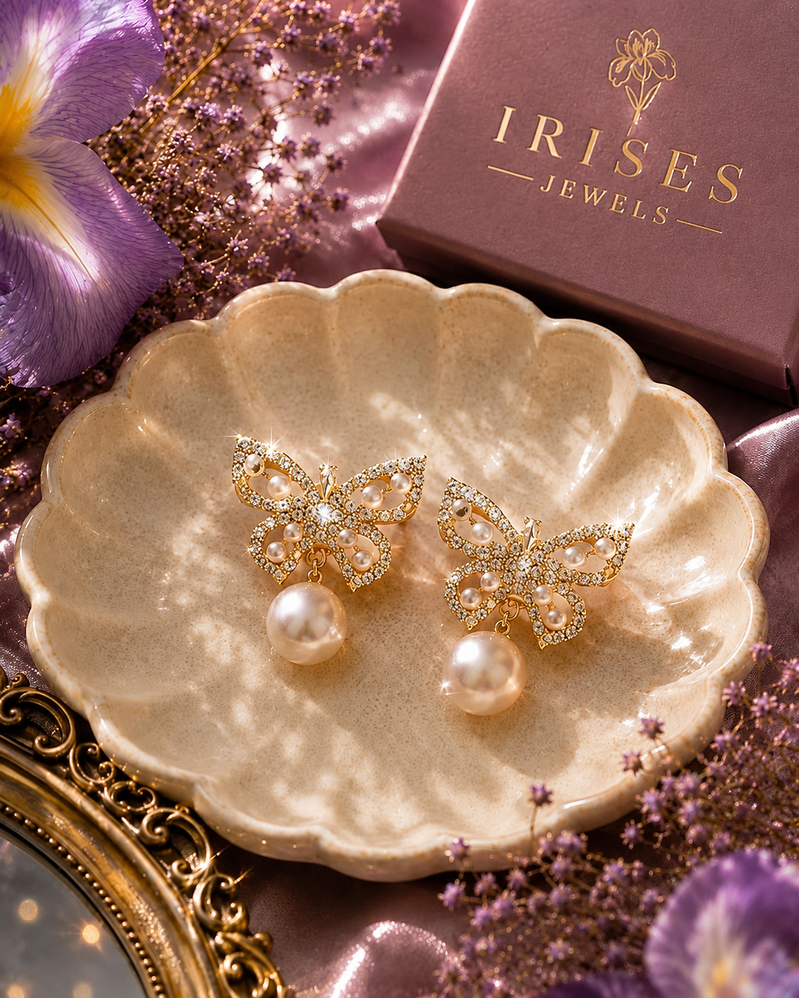 A pair of gold butterfly stud earrings with embedded pearls and clear crystals, displayed on a scalloped beige dish. The background features purple dried flowers, a purple silk cloth, and a purple jewelry box branded 'IRISES JEWELRY'.