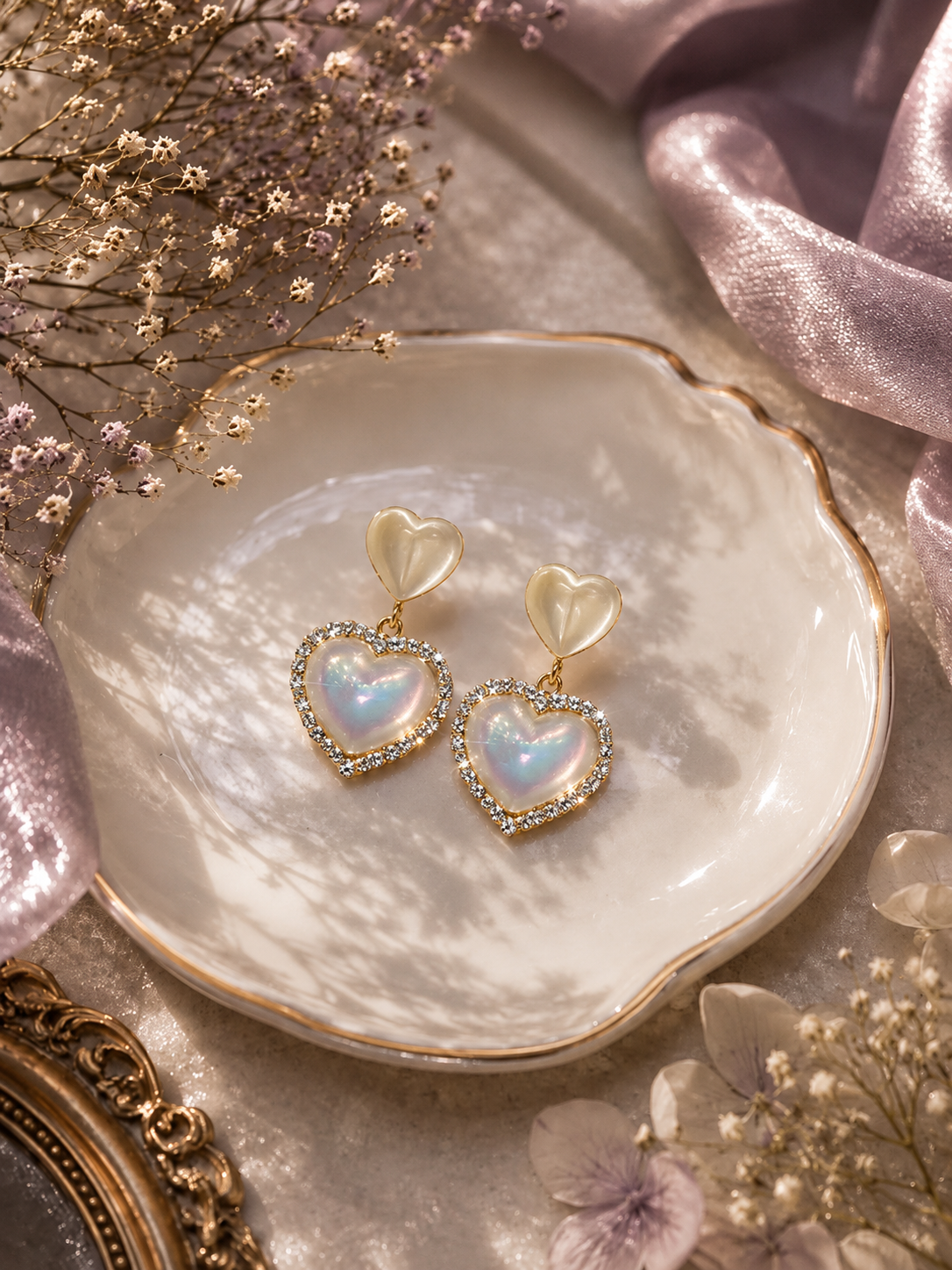Aurora Pearl Heart Drop Earrings featuring iridescent heart pearls surrounded by sparkling crystals in a premium gold-tone finish with iridescent milky white heart-shaped charms
