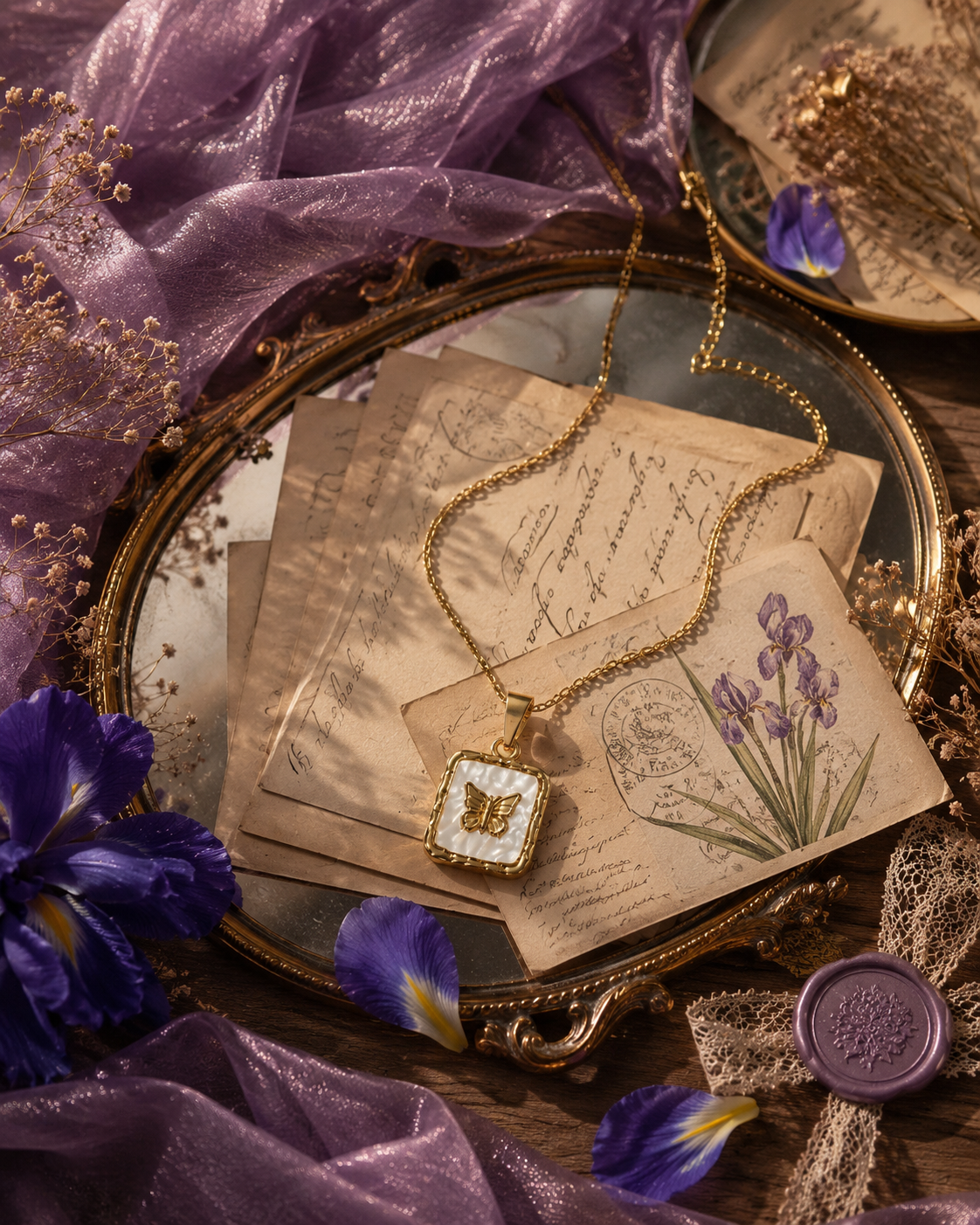 Gold butterfly pendant necklace with pearl-inspired square charm on a delicate gold chain.