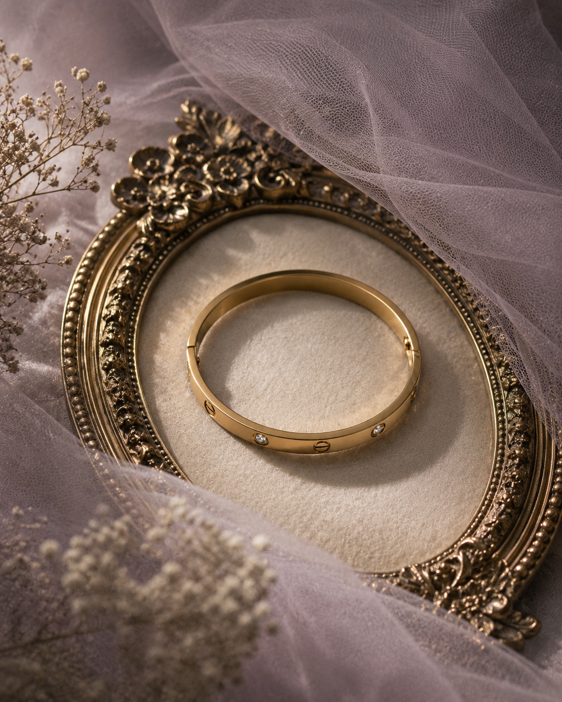 Elegant gold bangle bracelet with crystal accents by Irises Jewels