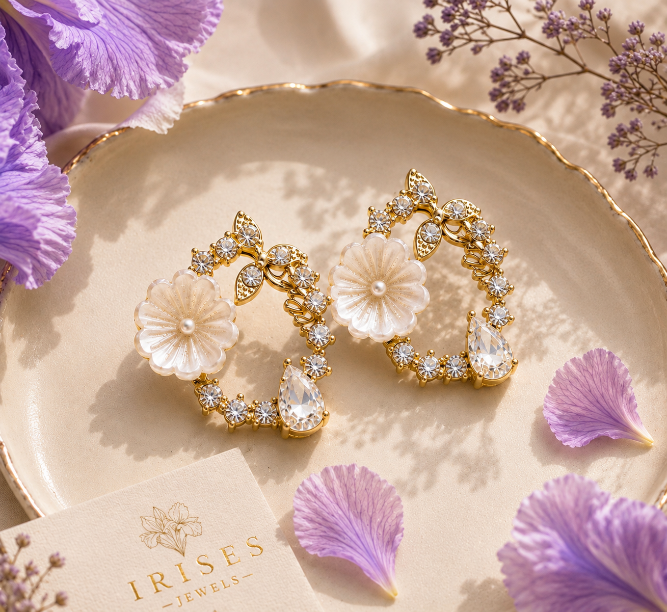 A pair of gold floral hoop earrings with white flower charms, clear crystal accents, and pearl details, displayed on a beige ceramic plate with purple flowers and a branded card reading IRISES JEWELS.