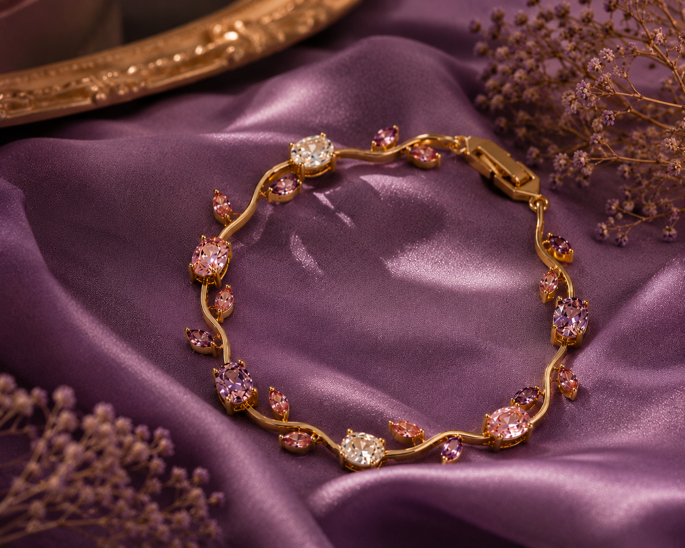 Gold floral bracelet with lavender, blush pink, and crystal stones arranged in a delicate tulip-inspired design on a beige marble surface.